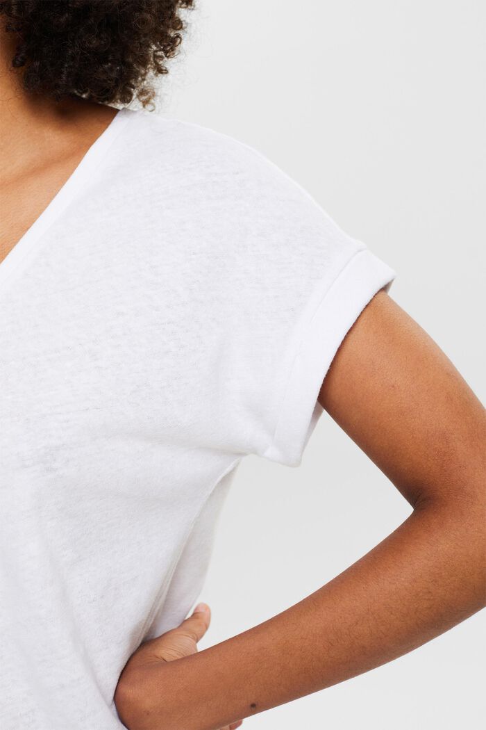 Camiseta de algodón y lino con el cuello pico, WHITE, detail image number 3