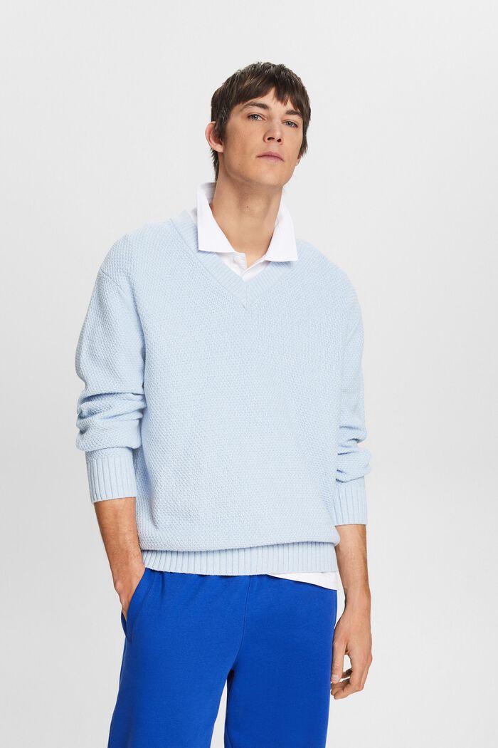 Jersey de algodón con el cuello en pico, LIGHT BLUE, detail image number 0