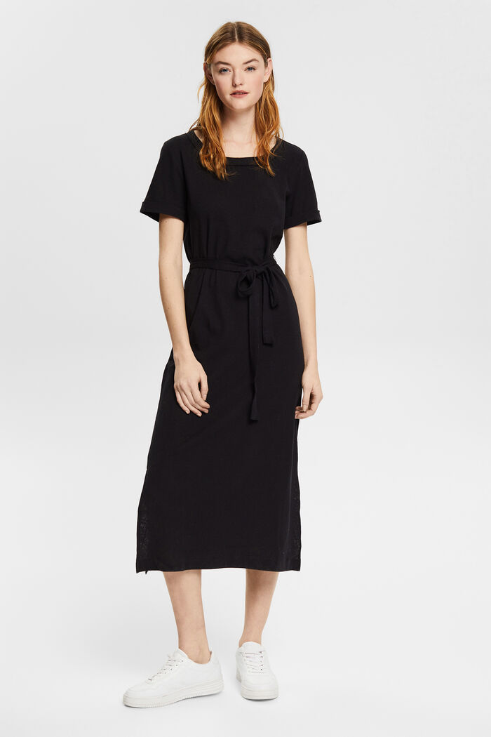 Con lino: vestido camisero midi, BLACK, detail image number 1