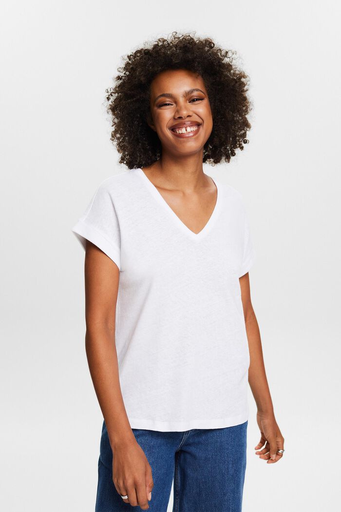 Camiseta de algodón y lino con el cuello pico, WHITE, detail image number 0
