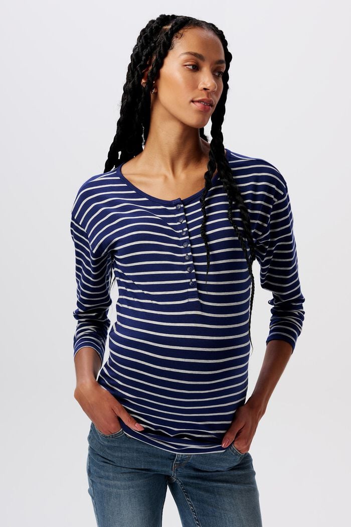 Camiseta de manga larga a rayas con cuello tunecino, DARK BLUE, detail image number 0