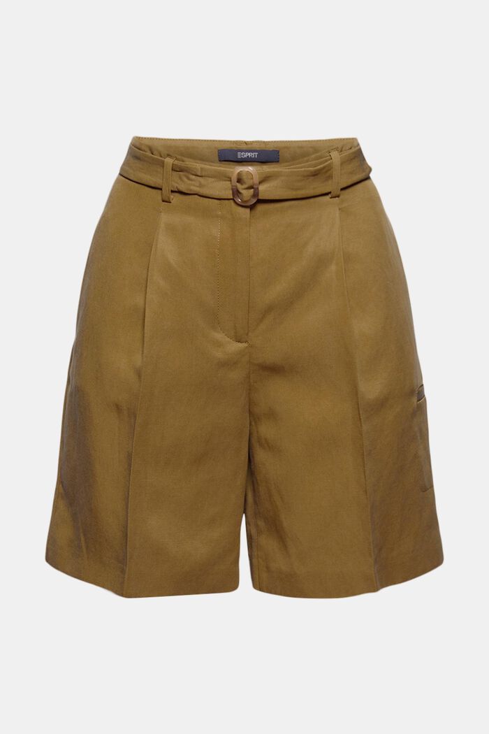 Con lino: shorts de cintura alta con cinturón, OLIVE, detail image number 5