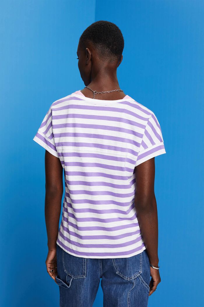 Camiseta de algodón de rayas con cuello en pico, PURPLE, detail image number 3
