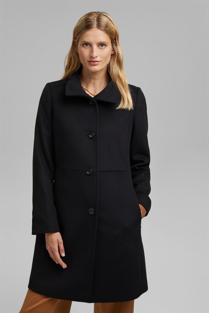En mezcla de lana: abrigo con cuello alto, BLACK, detail image number 0