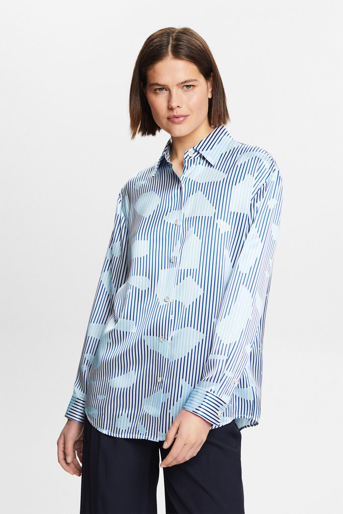 Camisa de seda estampada sin botones en el cuello, BRIGHT BLUE, detail image number 4