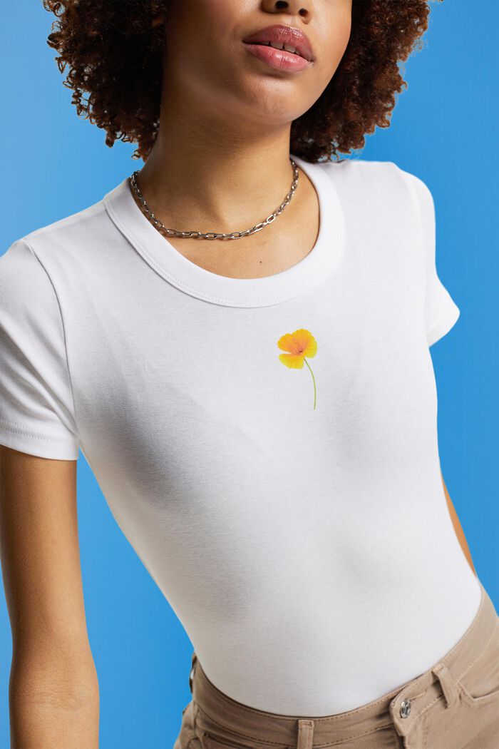 Camiseta con estampado de flores en el pecho, WHITE, detail image number 2