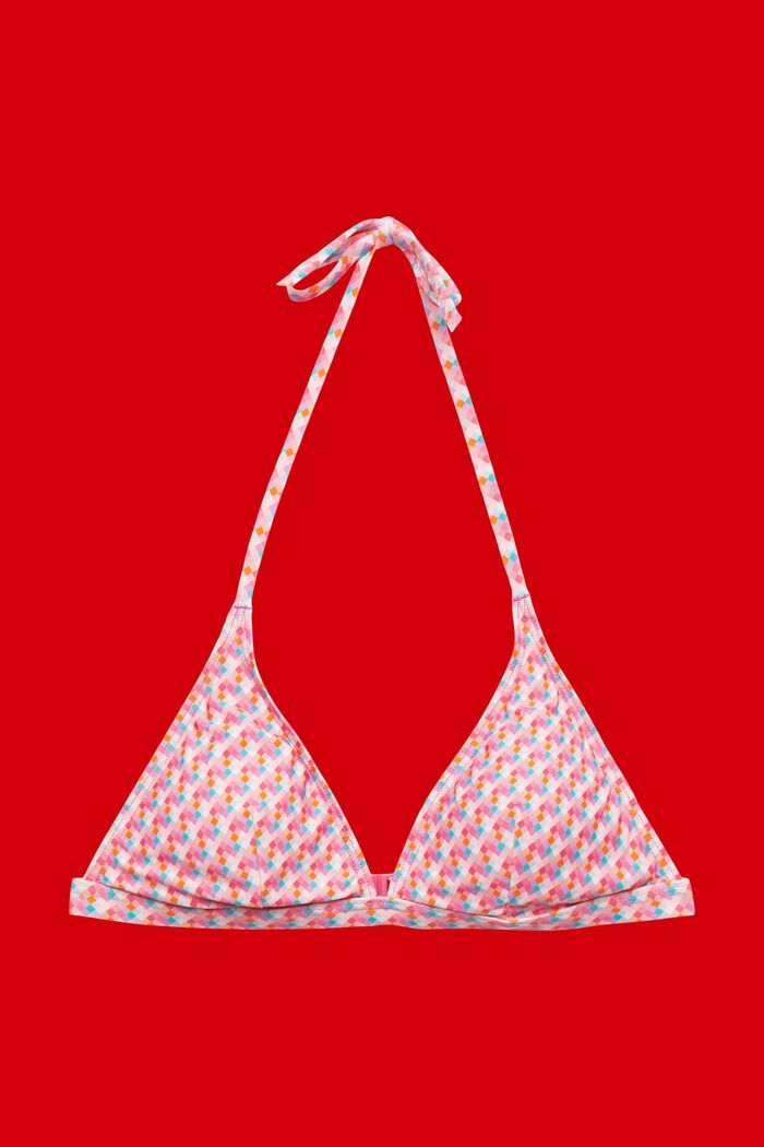 Top de bikini acolchado con cuello halter y estampado geométrico, PINK FUCHSIA, detail image number 3