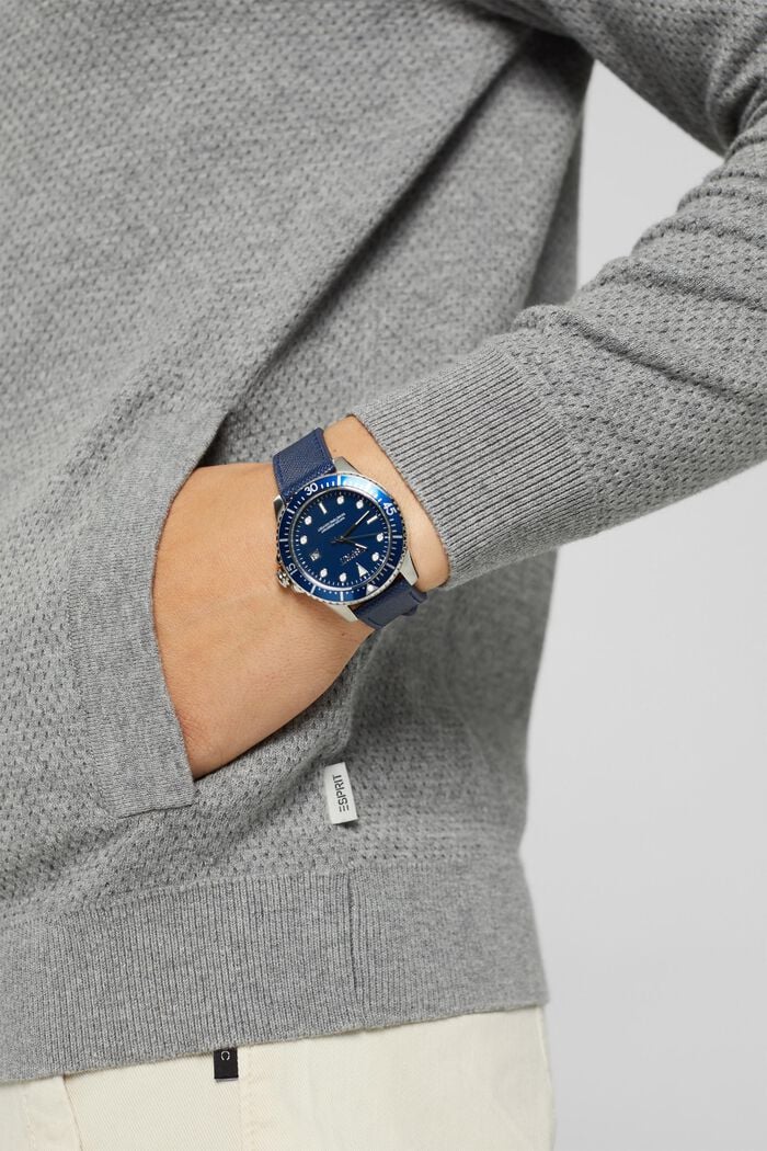 Reloj de acero inoxidable con pulsera de piel, BLUE, detail image number 2