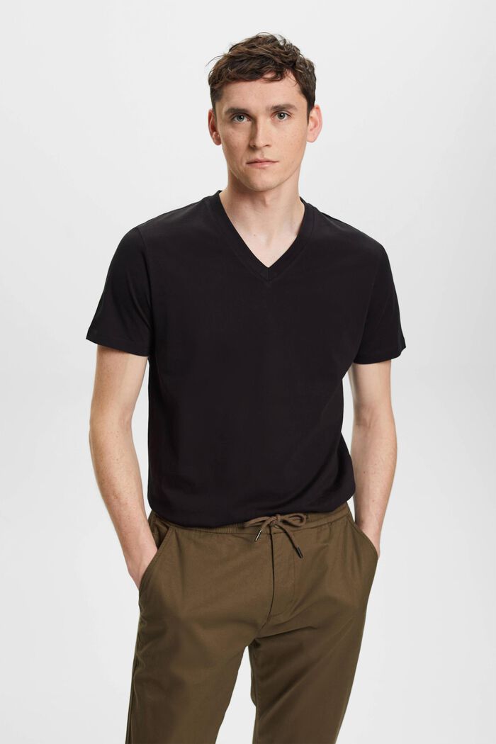 Camiseta entallada de algodón con cuello en pico, BLACK, detail image number 0