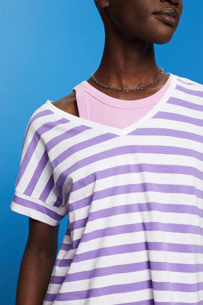 Camiseta de algodón de rayas con cuello en pico, PURPLE, detail image number 2