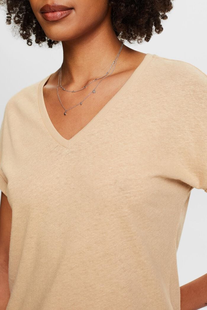 Camiseta de algodón y lino con el cuello pico, BEIGE, detail image number 2