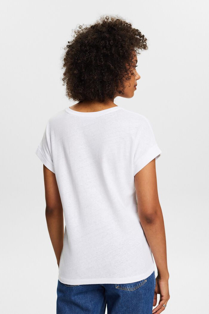Camiseta de algodón y lino con el cuello pico, WHITE, detail image number 2