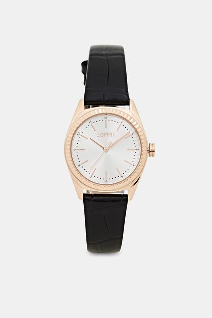 Reloj de acero inoxidable con pulsera de cuero con textura, BLACK, overview