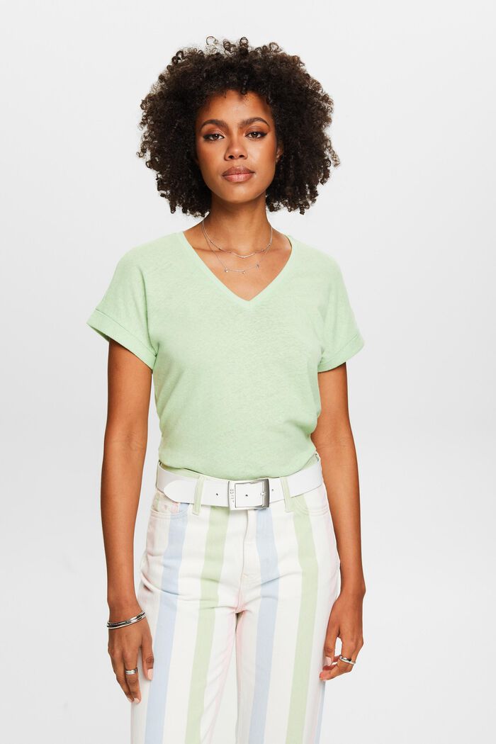 Camiseta de algodón y lino con el cuello pico, LIGHT GREEN, detail image number 0