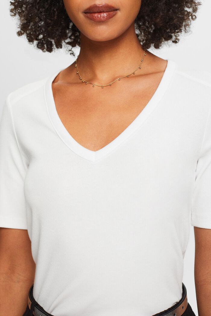 Camiseta acanalada con cuello en pico, OFF WHITE, detail image number 3