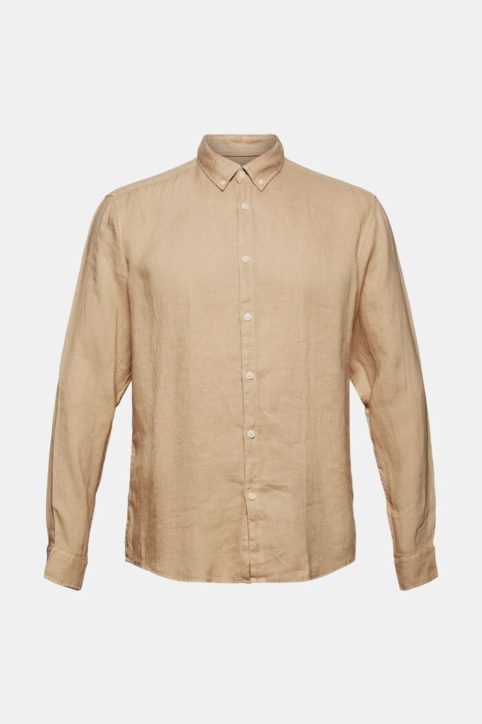 Camisa de cuello abotonado en 100% lino, BEIGE, overview