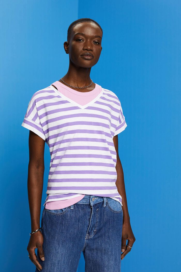 Camiseta de algodón de rayas con cuello en pico, PURPLE, detail image number 0