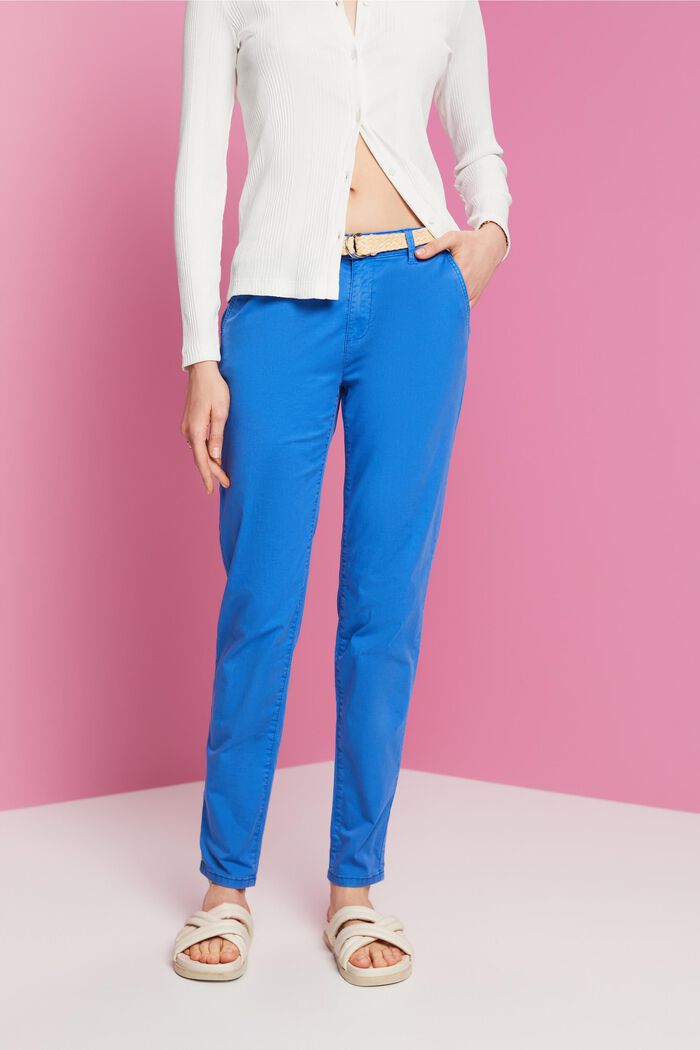 Pantalones chinos elásticos ligeros con cinturón, BRIGHT BLUE, detail image number 0