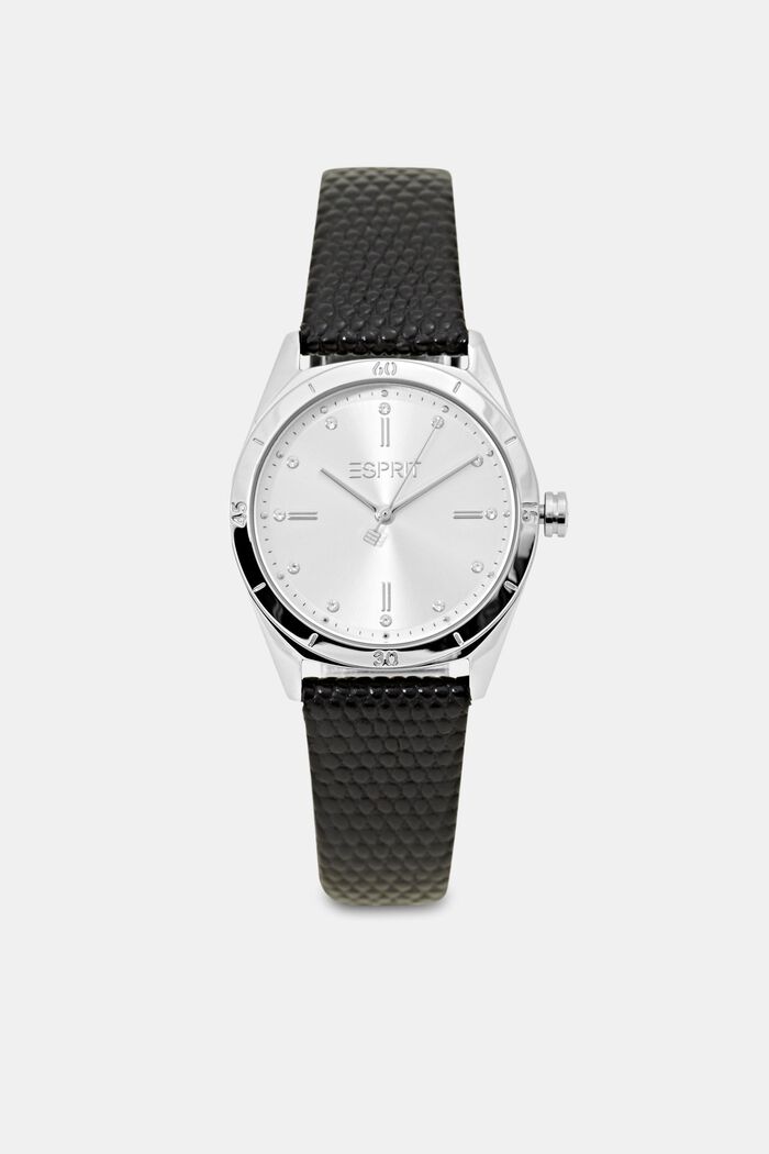 Reloj de acero inoxidable con correa de cuero texturizada, BLACK, overview