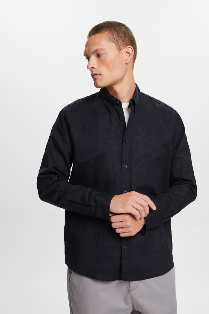 Camisa abotonada en mezcla de algodón y lino, BLACK, detail image number 0