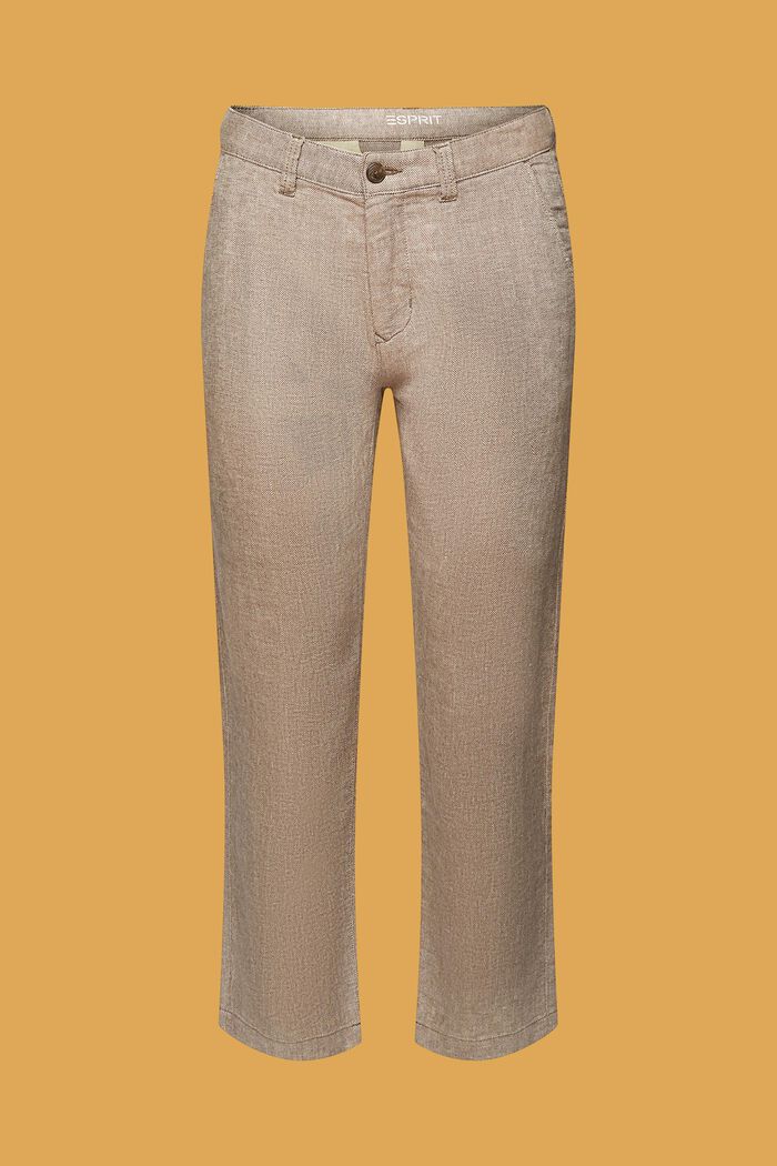Pantalones en mezcla de algodón y lino con diseño de espiga, DARK BROWN, detail image number 7