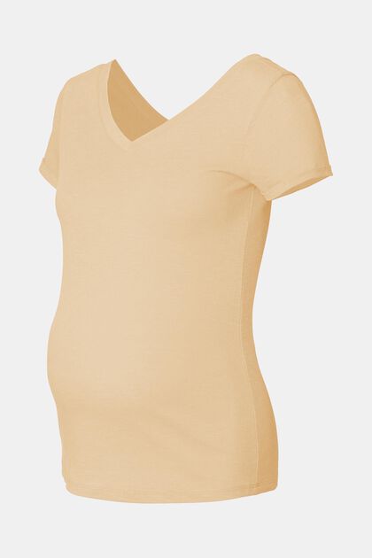 Con lino: camiseta con el cuello en pico por delante y por detrás, SAND, overview