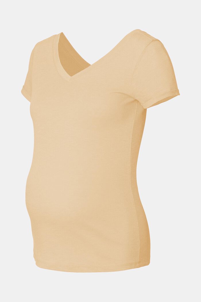 Con lino: camiseta con el cuello en pico por delante y por detrás, SAND, detail image number 0