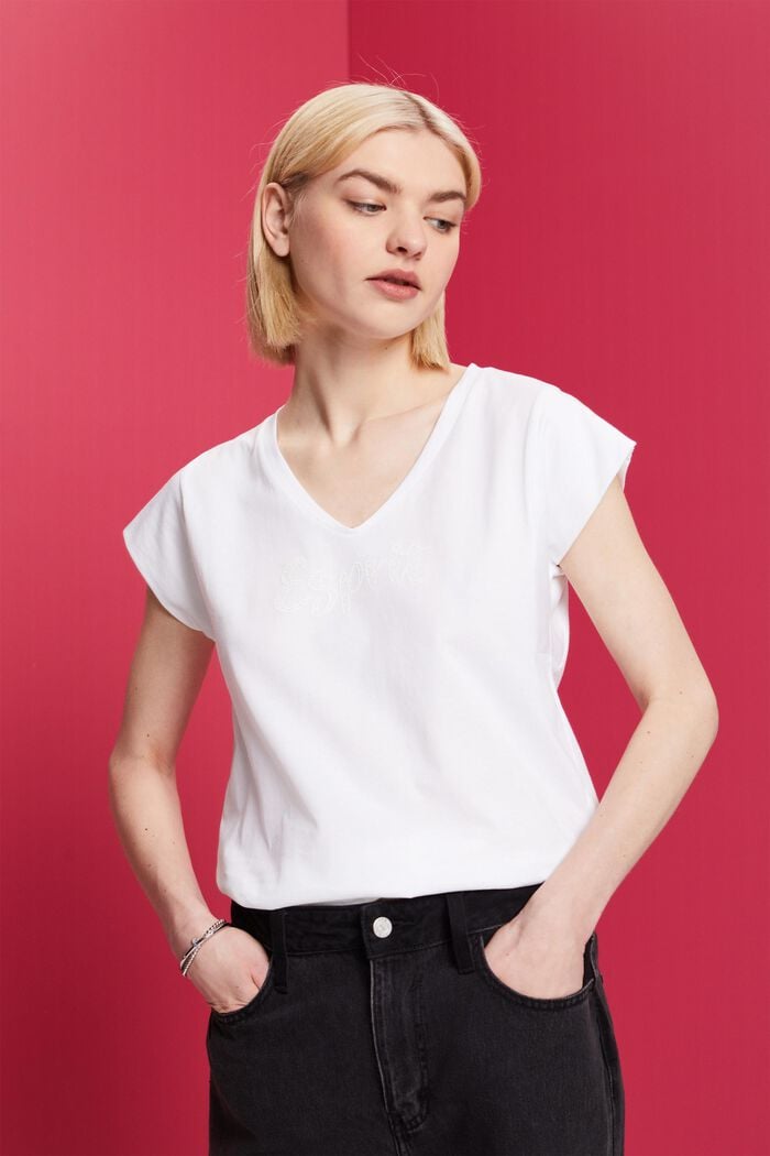 Camiseta con estampado a tono, 100 % algodón, WHITE, detail image number 0