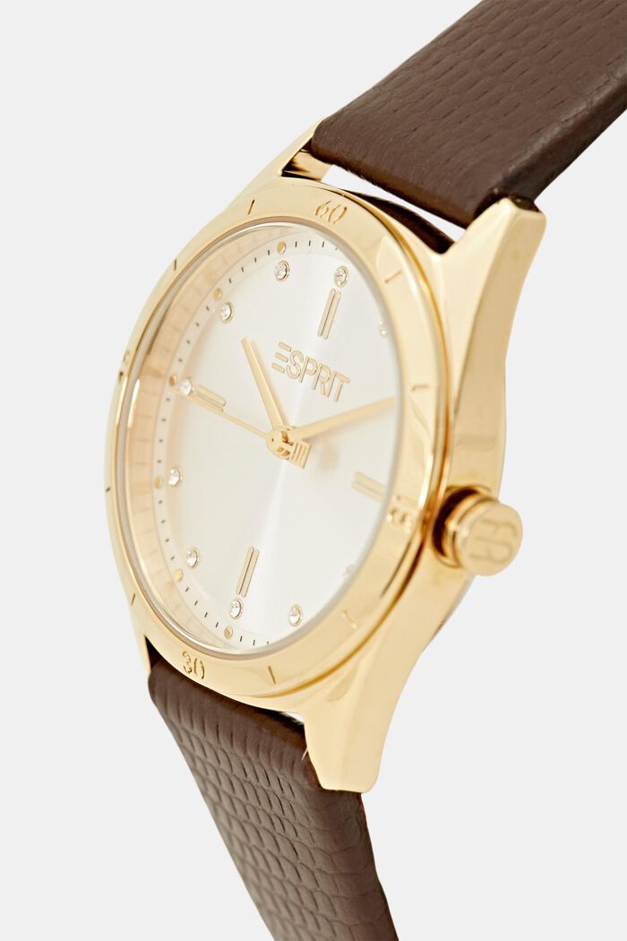 Reloj de acero inoxidable con correa de cuero texturizada, BROWN, detail image number 1