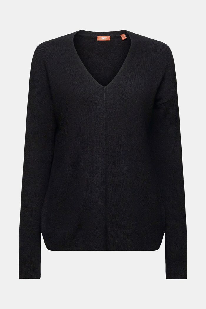 Jersey de cuello pico en mezcla de lana, BLACK, detail image number 6