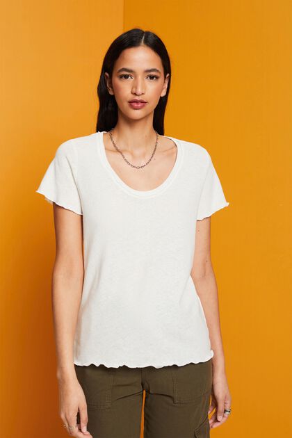 Camiseta con bajos enrollados, mezcla de algodón y lino