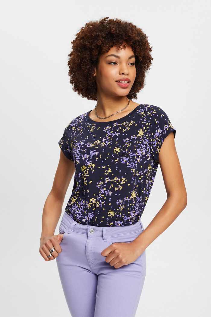 Camiseta de algodón con estampado floral, NAVY, detail image number 0