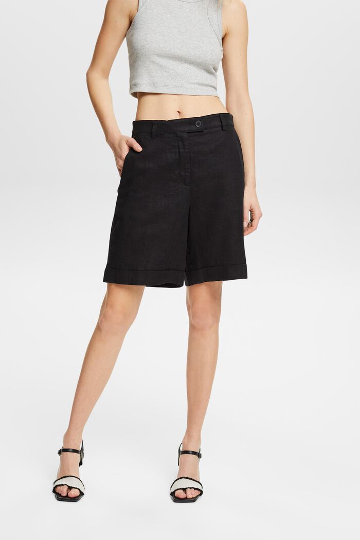 Shorts de lino con dobleces, BLACK, detail image number 0