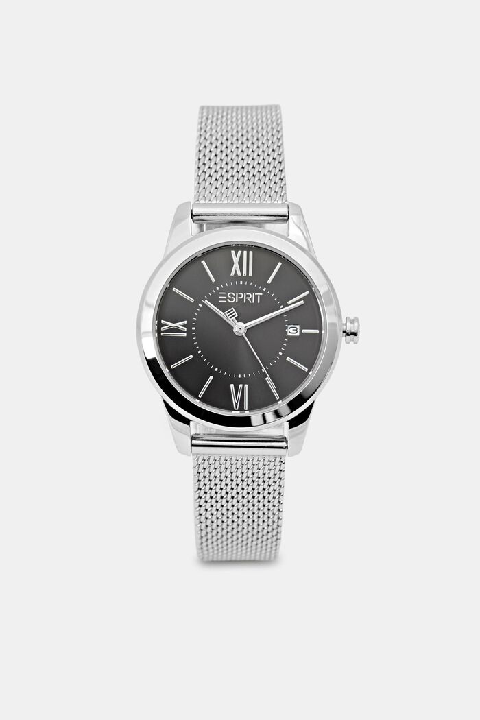 Reloj de acero inoxidable con pulsera de malla y fecha, SILVER, overview