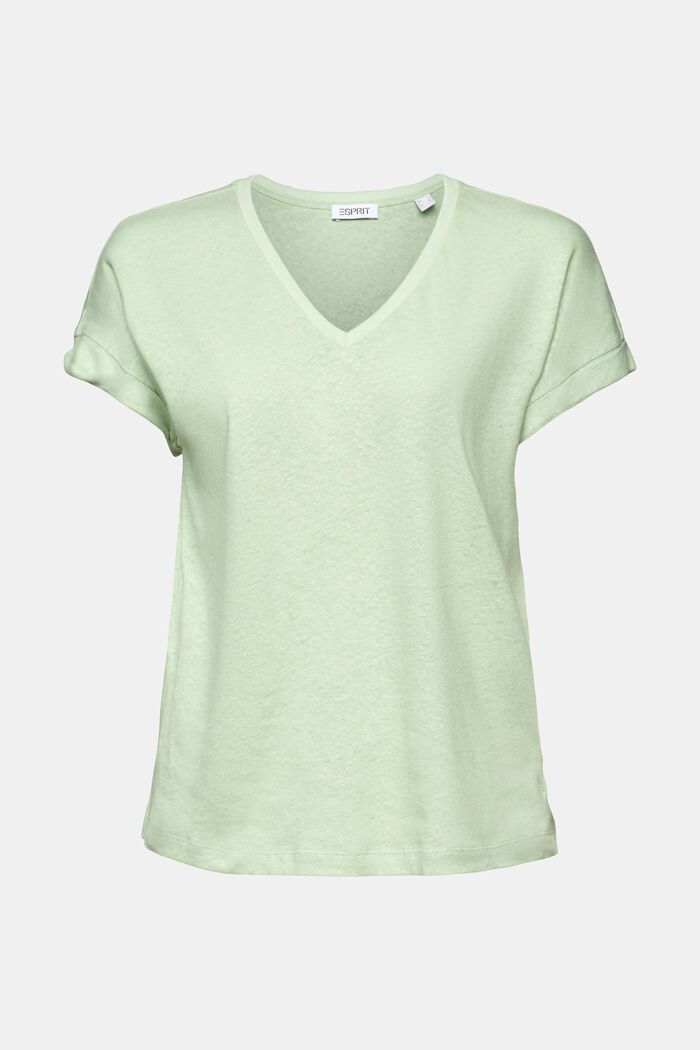 Camiseta de algodón y lino con el cuello pico, LIGHT GREEN, detail image number 5