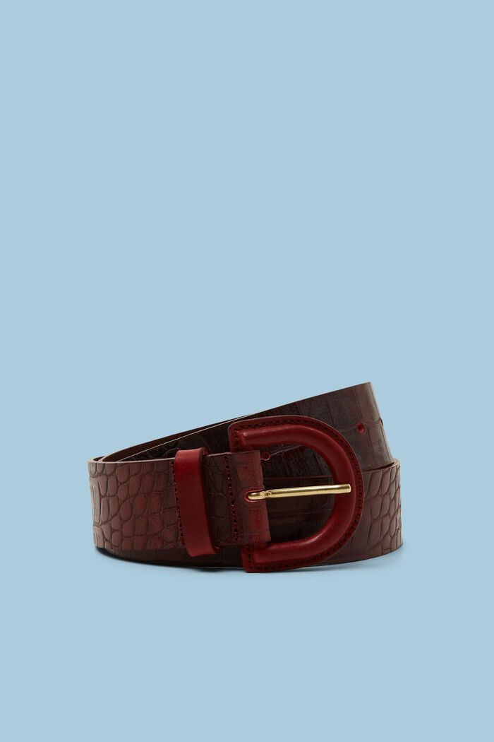 Cinturón de piel con textura de piel de cocodrilo, BORDEAUX RED, detail image number 0