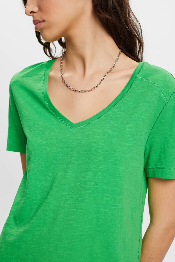 Camiseta de algodón con cuello de pico y costuras decorativas, GREEN, detail image number 2