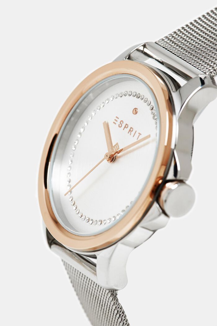 Reloj de acero inoxidable con circonita y pulsera de malla, SILVER, detail image number 1
