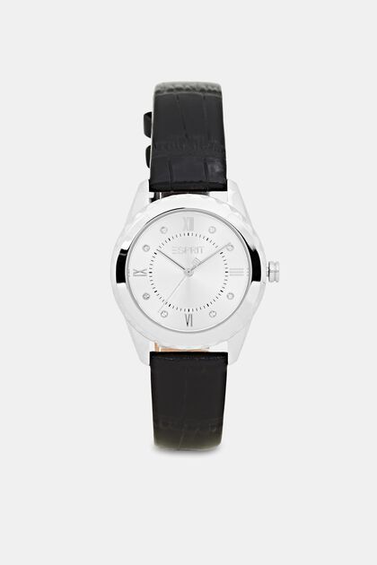 Reloj de acero inoxidable con pulsera de cuero con textura, BLACK, overview
