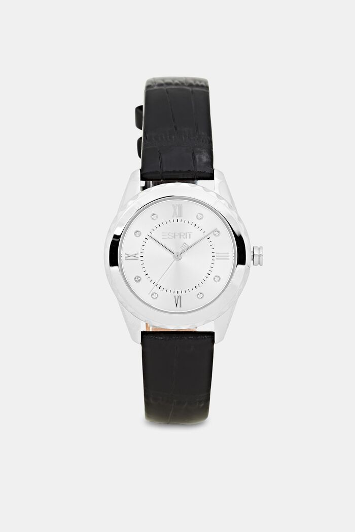 Reloj de acero inoxidable con pulsera de cuero con textura, BLACK, detail image number 0
