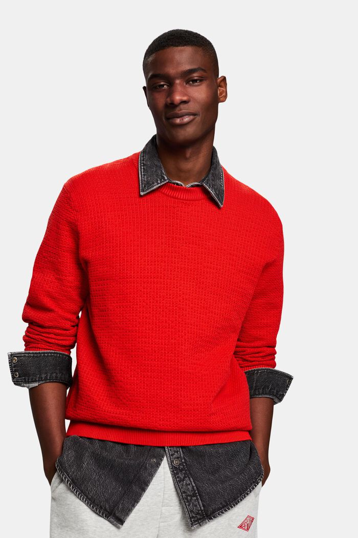 Jersey de cuello redondo con textura, RED, detail image number 0