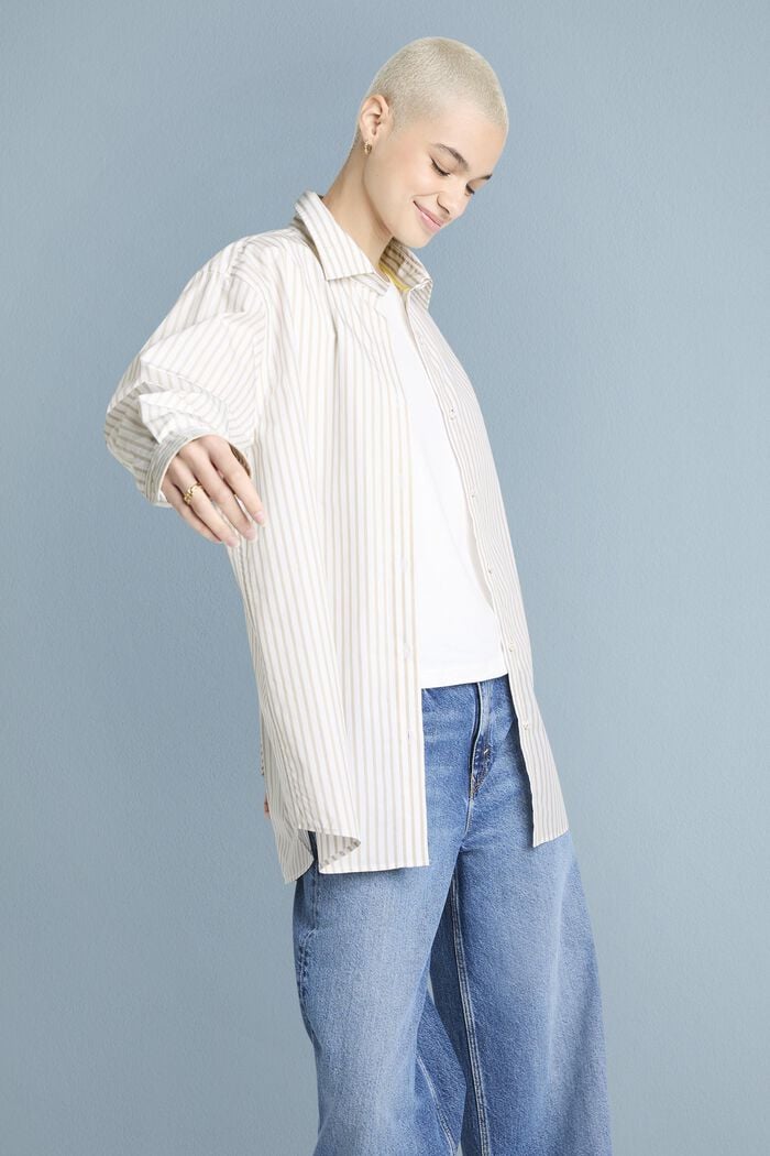 Camisa de popelina de algodón con diseño a rayas, BEIGE, detail image number 0