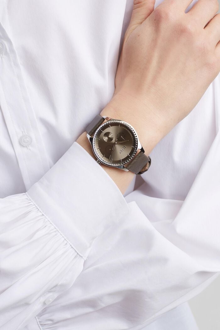 Reloj multifunción con pulsera de cuero saffiano
