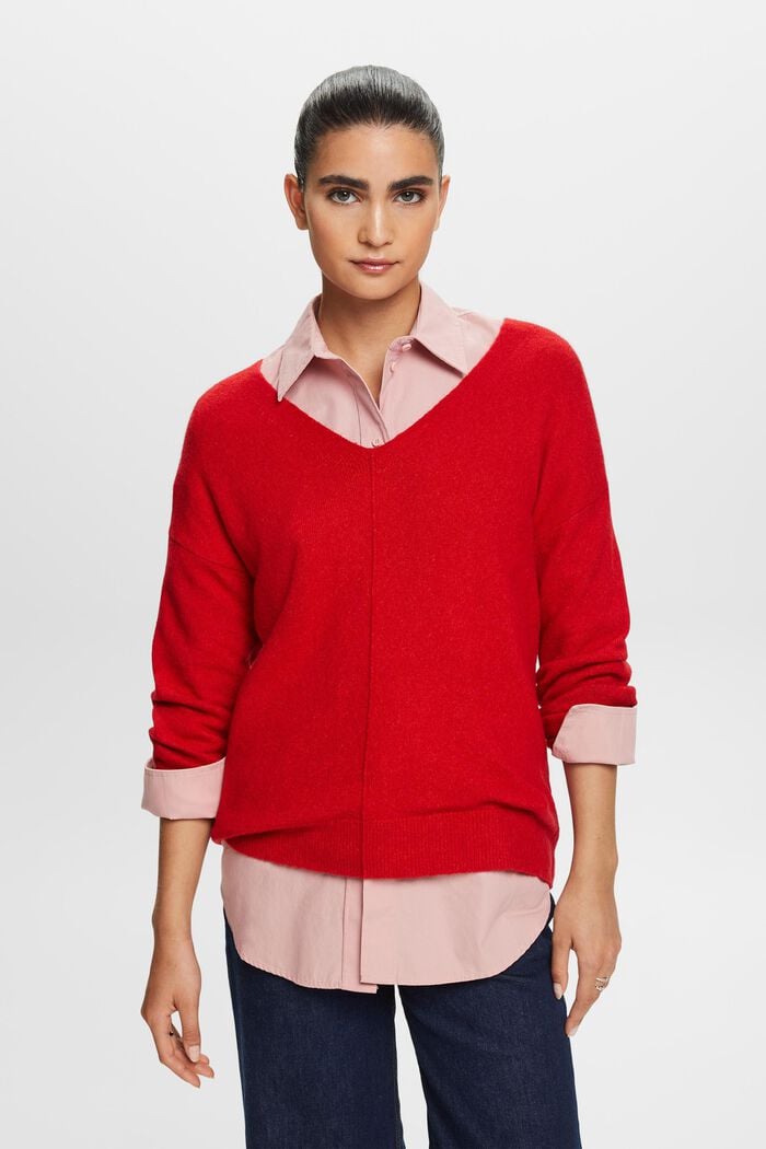 Jersey de cuello pico en mezcla de lana, DARK RED, detail image number 0
