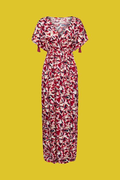 Vestido maxi playero con estampado floral, DARK RED, overview