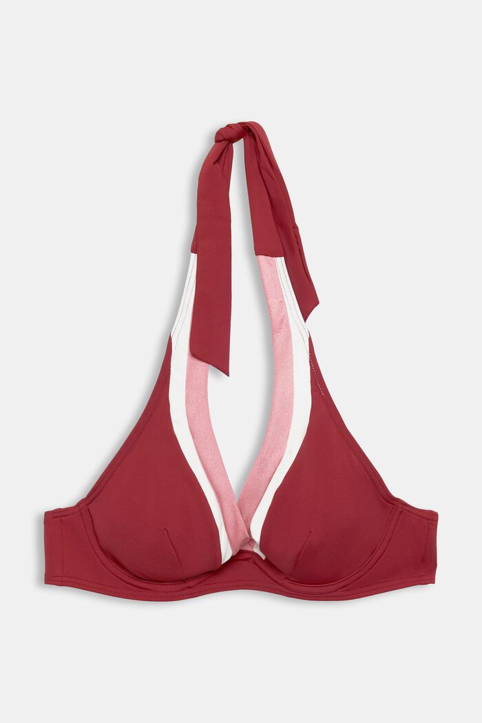 Top de bikini tricolor con cuello halter y aros, DARK RED, detail image number 4