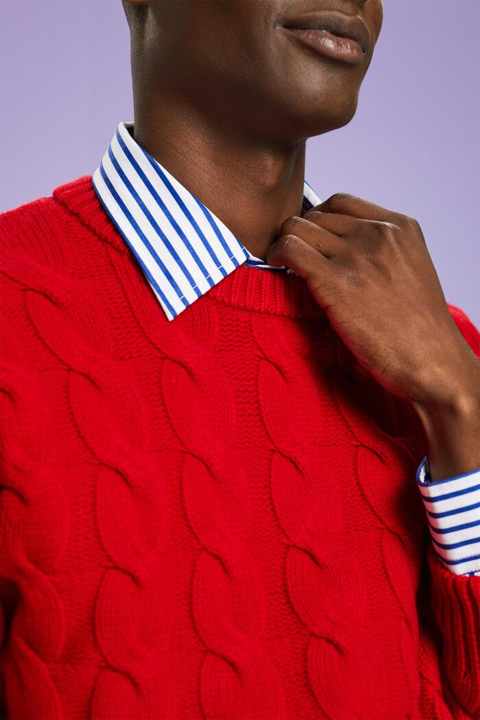 Jersey de punto trenzado de lana, DARK RED, detail image number 3