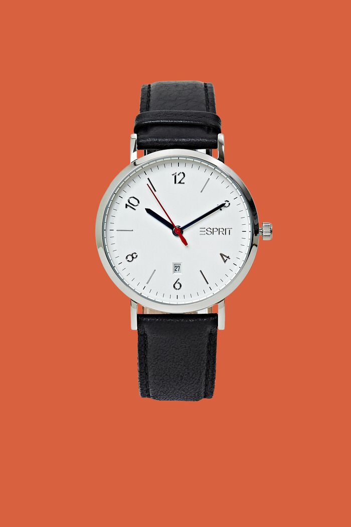 Reloj de acero inoxidable con pulsera de piel, SILVER, detail image number 0