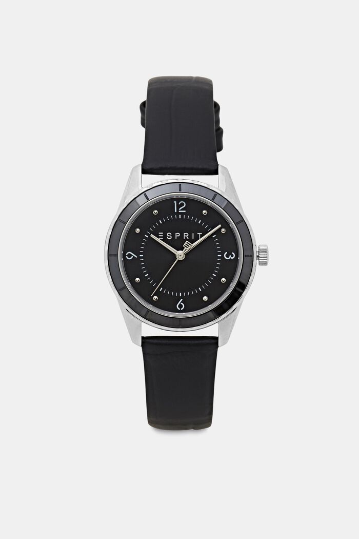 Reloj de acero inoxidable con pulsera de cuero, BLACK, detail image number 0
