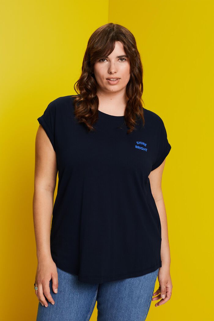 CURVY Camiseta de estampado pequeño, 100% algodón, NAVY, detail image number 0